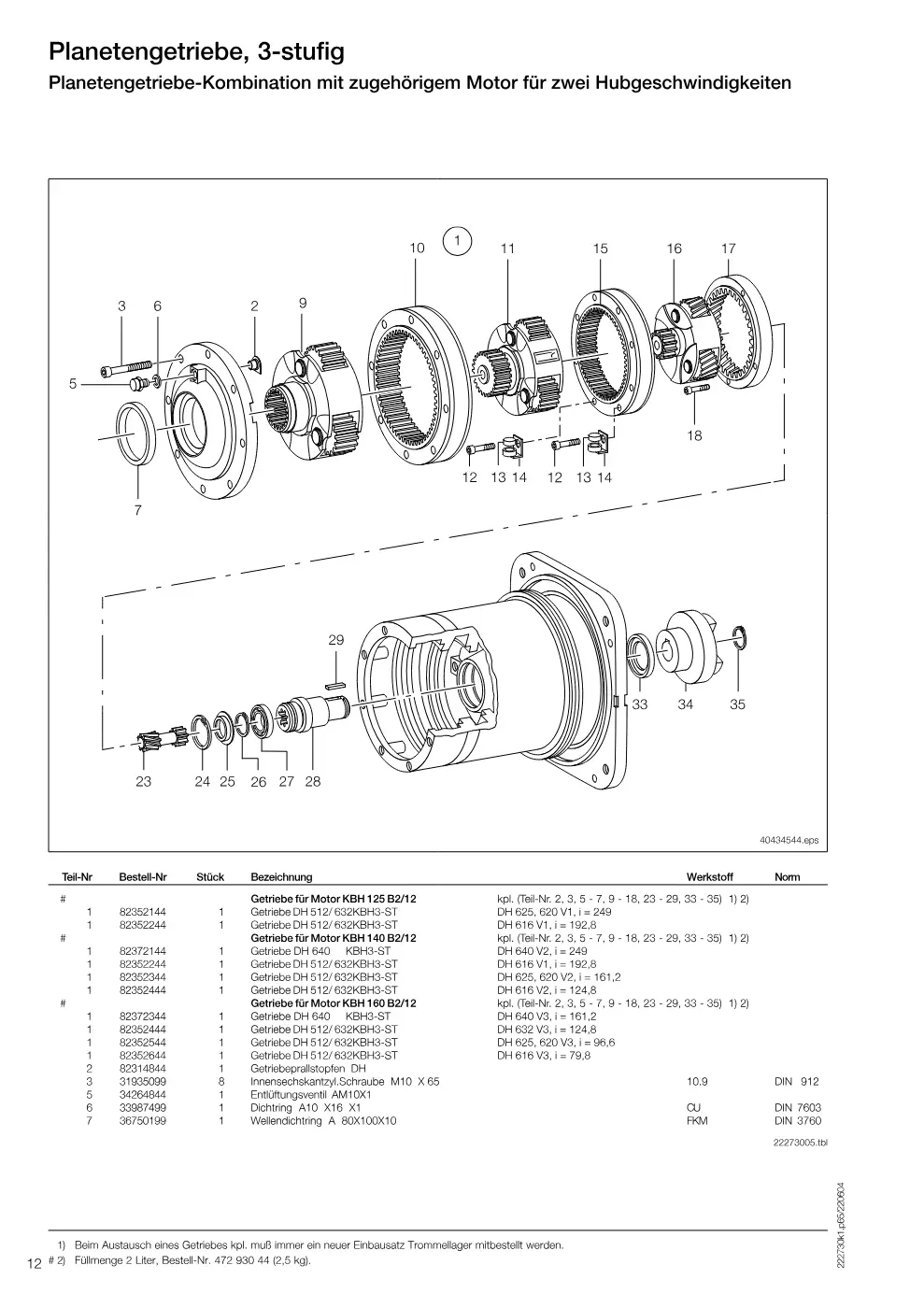 Demag DH 600 – Planetengetriebe, 3-stufig Planetengetriebe-Kombination mit zugehörigem Motor für zwei Hubgeschwindigkeiten, Zeichnung Seite 12