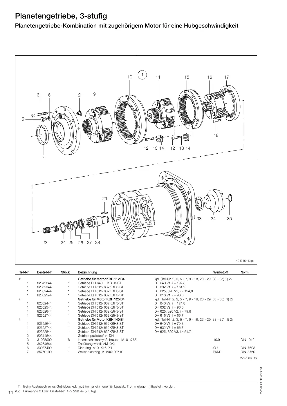 Demag DH 600 – Planetengetriebe, 3-stufig Planetengetriebe-Kombination mit zugehörigem Motor für eine Hubgeschwindigkeit, Zeichnung Seite 14