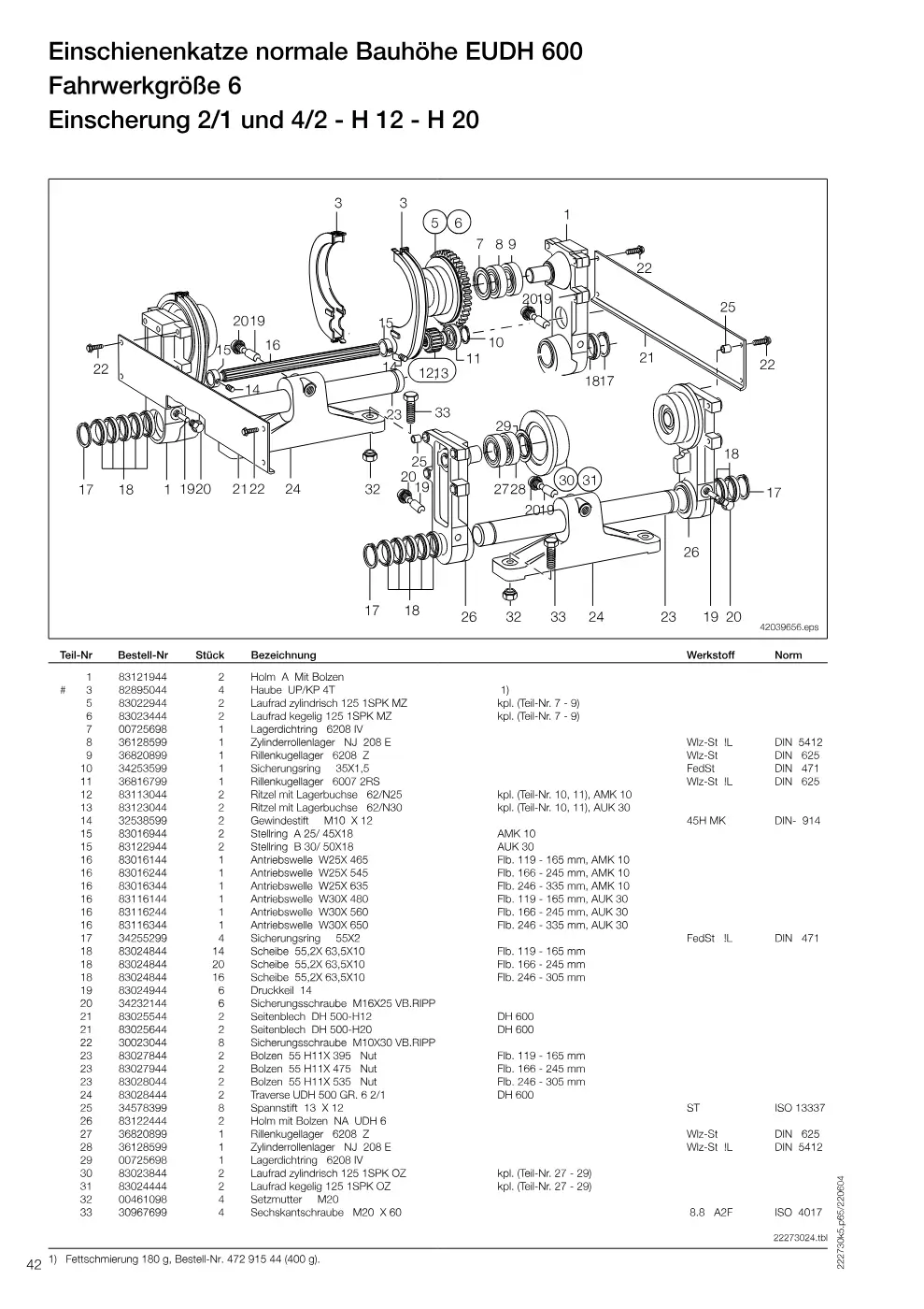 Demag DH 600 – Einschienenkatze normale Bauhöhe EUDH 600 Fahrwerkgröße 6, Zeichnung Seite 42