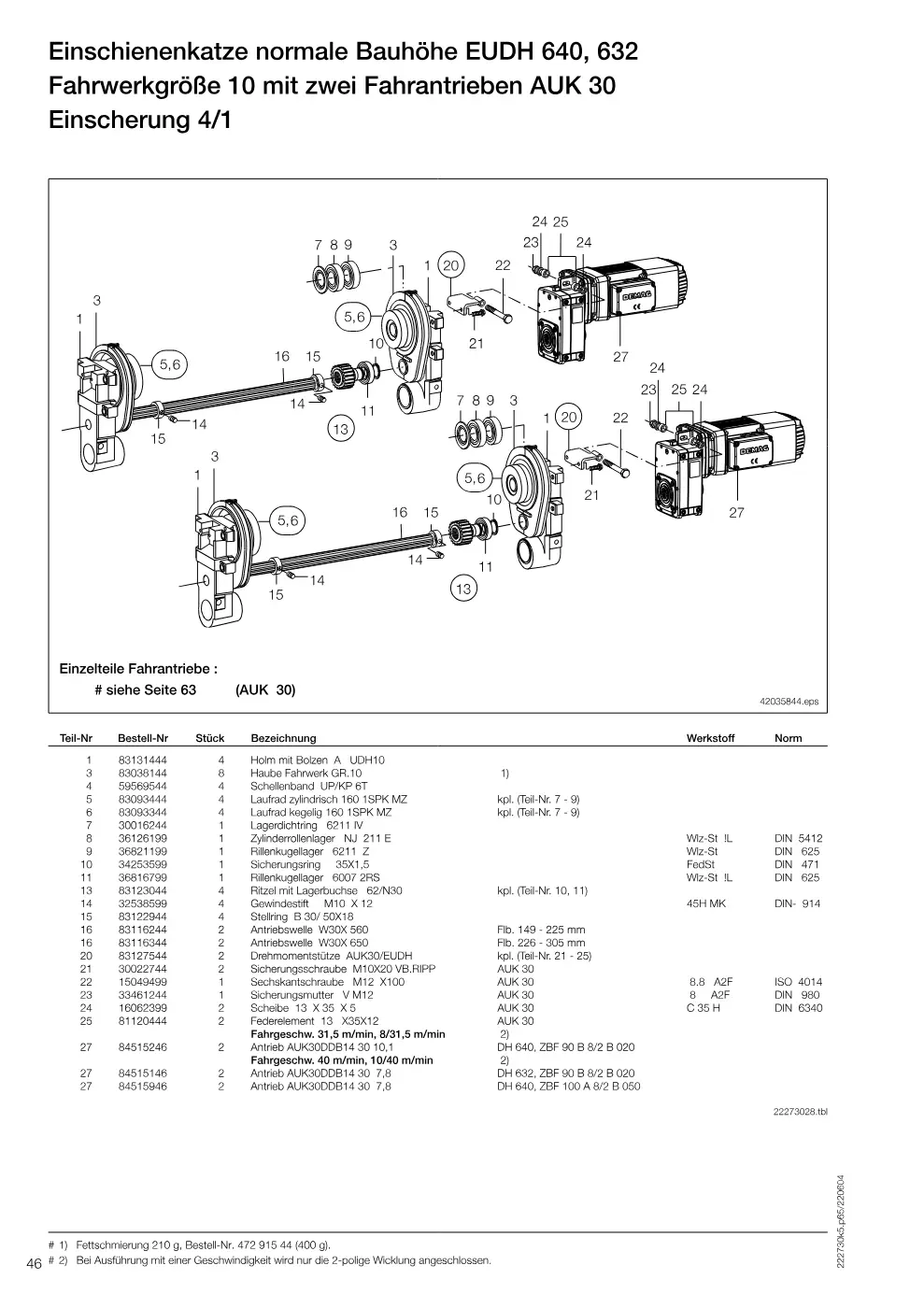 Demag DH 600 – Einschienenkatze normale Bauhöhe EUDH 640, 632 Fahrwerkgröße 10 mit zwei Fahrantrieben AUK 30, Zeichnung Seite 46