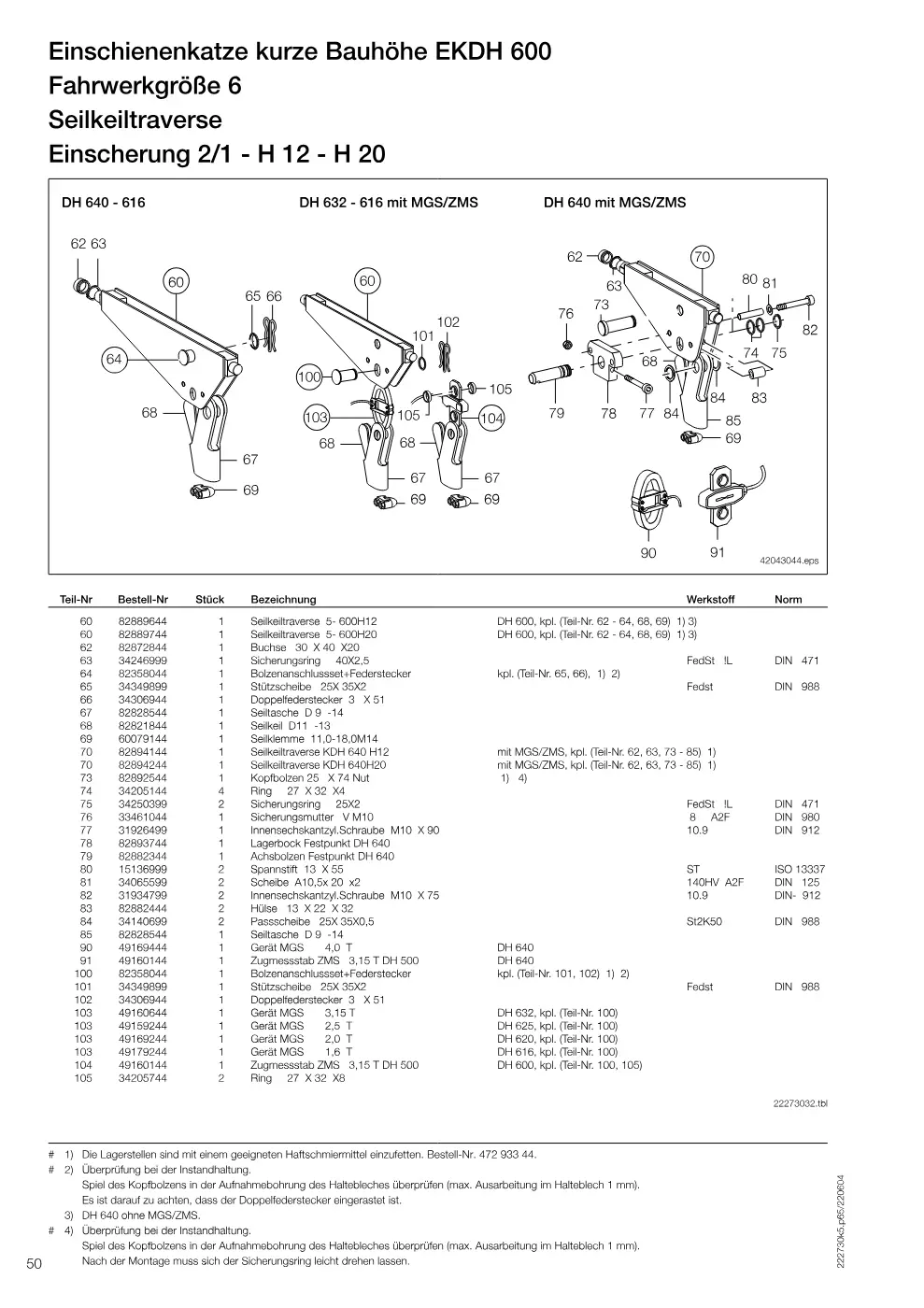 Demag DH 600 – Einschienenkatze kurze Bauhöhe EKDH 600 Fahrwerkgröße 6, Zeichnung Seite 50
