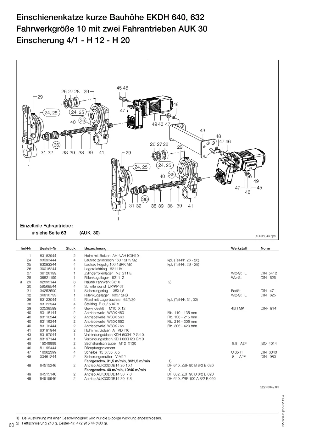 Demag DH 600 – Einschienenkatze kurze Bauhöhe EKDH 640, 632 Fahrwerkgröße 10 mit zwei Fahrantrieben AUK 30, Zeichnung Seite 60