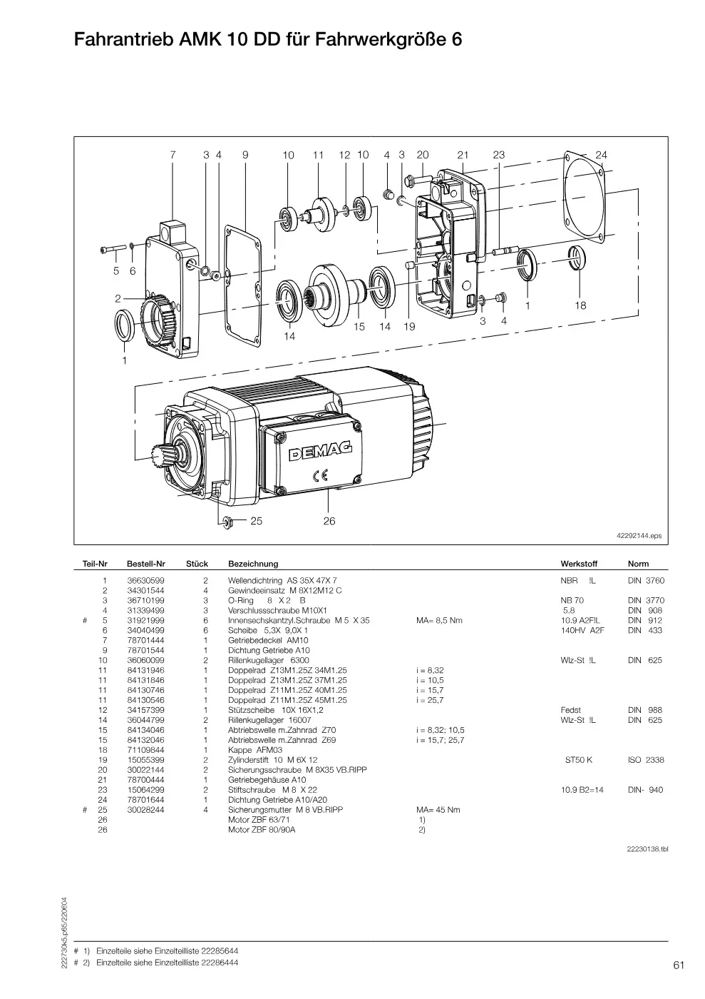 Demag DH 600 – Fahrantrieb AMK 10 DD für Fahrwerkgröße 6, Zeichnung Seite 61