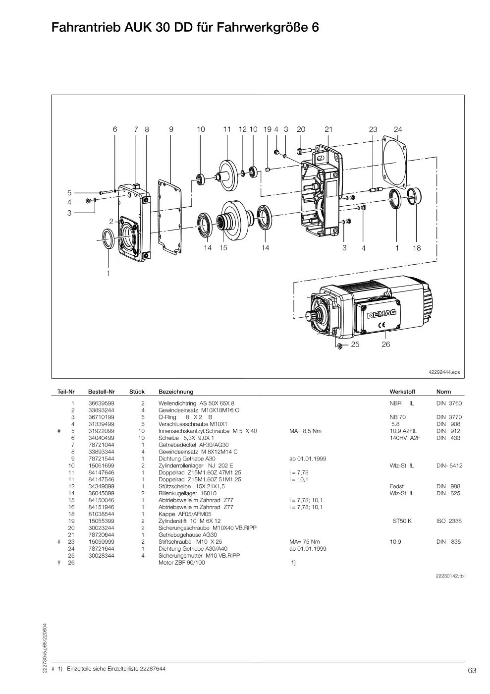 Demag DH 600 – Fahrantrieb AUK 30 DD für Fahrwerkgröße 6, Zeichnung Seite 63