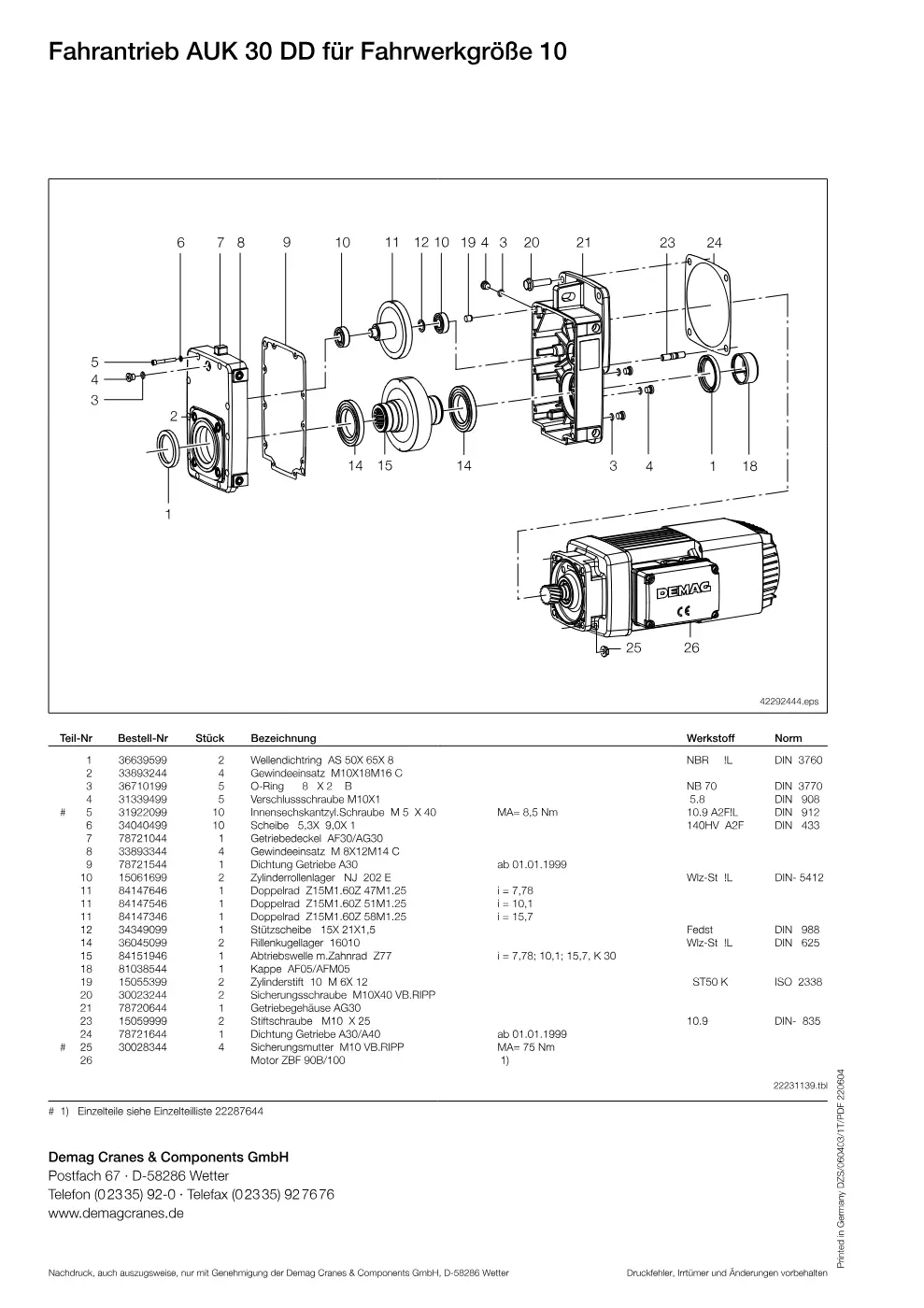 Demag DH 600 – Fahrantrieb AUK 30 DD für Fahrwerkgröße 10, Zeichnung Seite 64