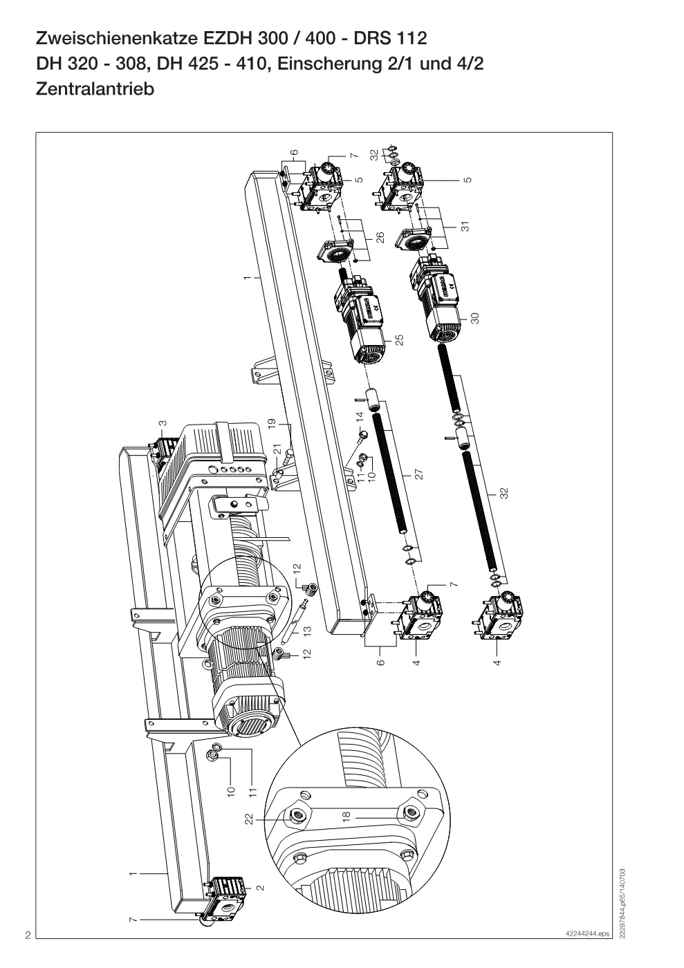Demag Zweischienenkatze EZDH 300 / 400 – Zweischienenkatze EZDH 300 / 400 - DRS 112 DH 320 - 308, DH 425 - 410, Einscherung 2/1 und 4/2, Zeichnung Seite 2