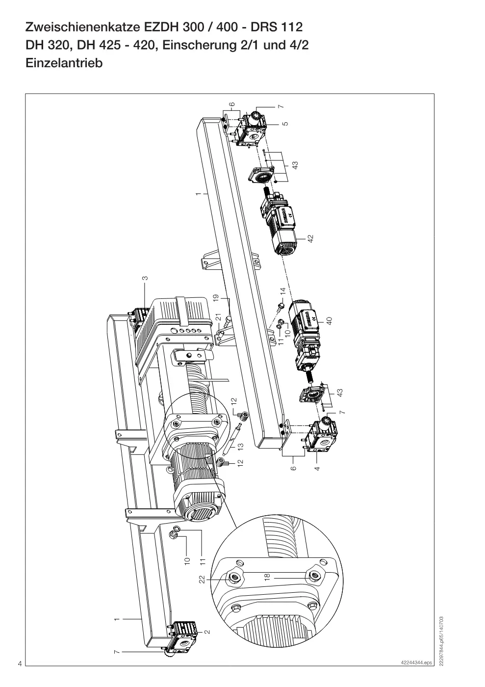 Demag Zweischienenkatze EZDH 300 / 400 – Zweischienenkatze EZDH 300 / 400 - DRS 112 DH 320, DH 425 - 420, Einscherung 2/1 und 4/2, Zeichnung Seite 4