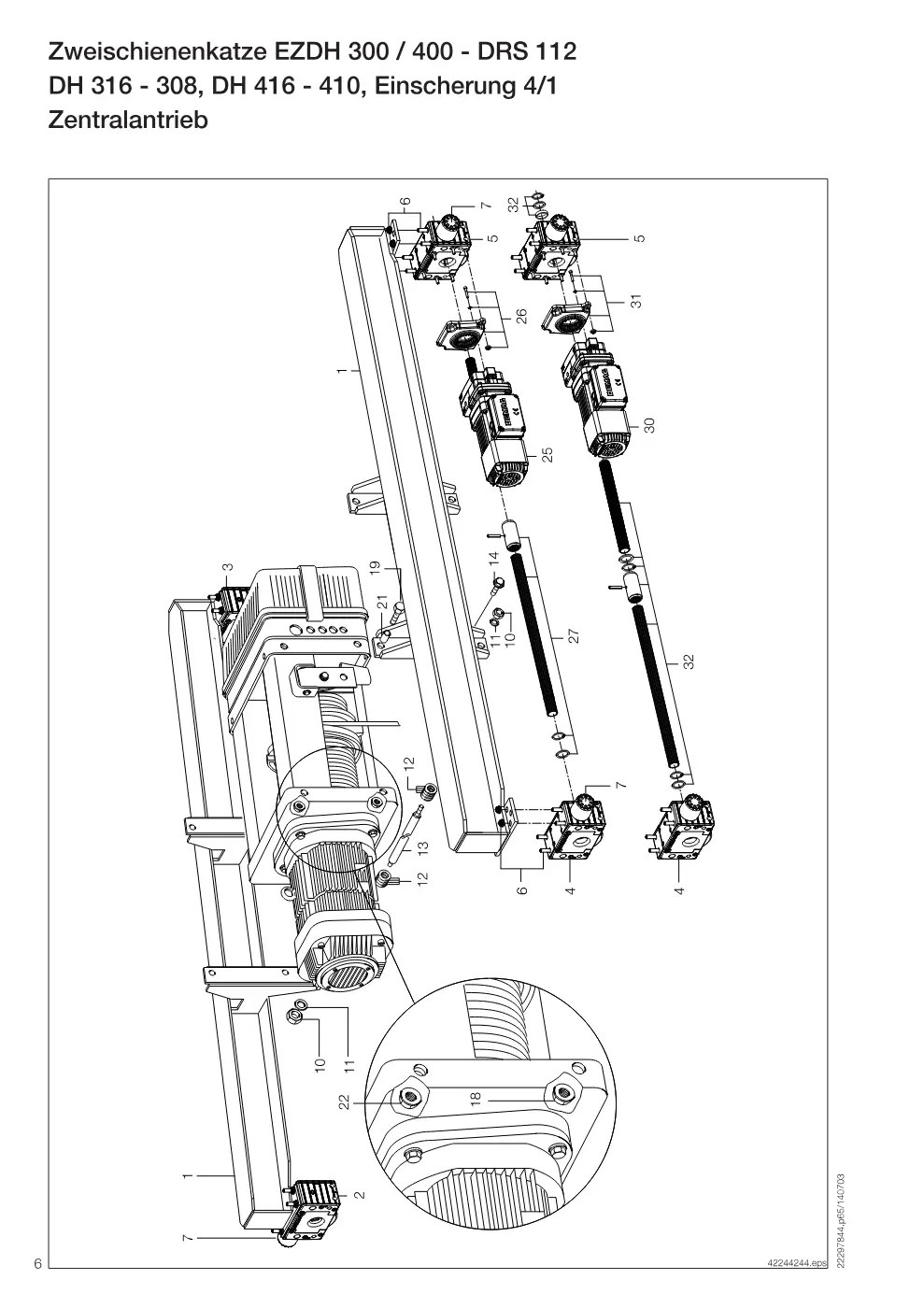 Demag Zweischienenkatze EZDH 300 / 400 – Zweischienenkatze EZDH 300 / 400 - DRS 112 DH 316 - 308, DH 416 - 410, Einscherung 4/1, Zeichnung Seite 6