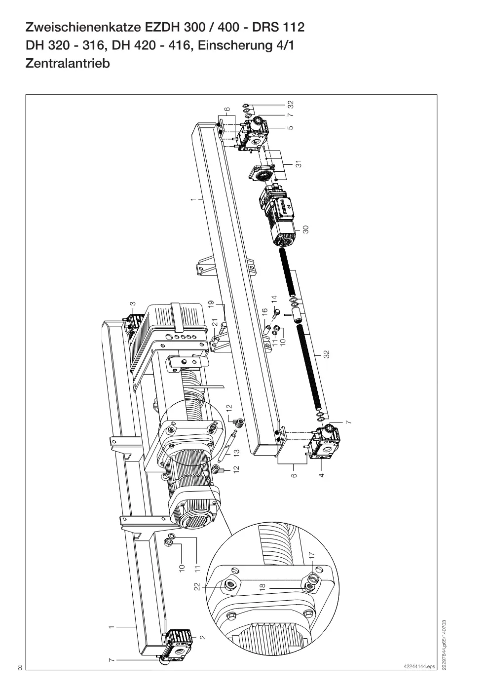 Demag Zweischienenkatze EZDH 300 / 400 – Zweischienenkatze EZDH 300 / 400 - DRS 112 DH 320 - 316, DH 420 - 416, Einscherung 4/1, Zeichnung Seite 8
