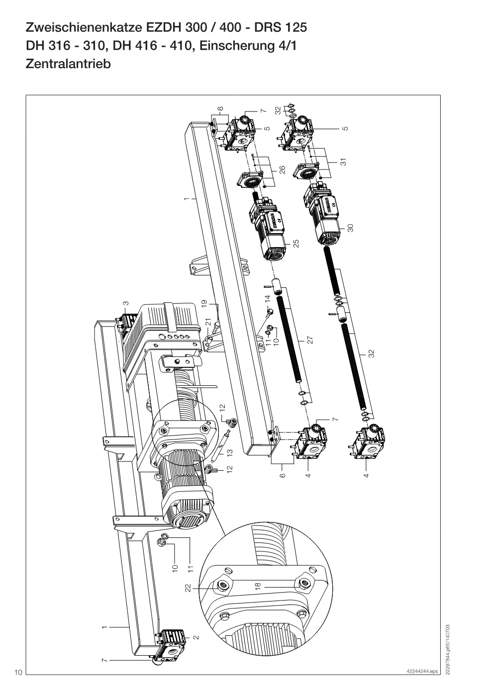 Demag Zweischienenkatze EZDH 300 / 400 – Zweischienenkatze EZDH 300 / 400 - DRS 125 DH 316 - 310, DH 416 - 410, Einscherung 4/1, Zeichnung Seite 10