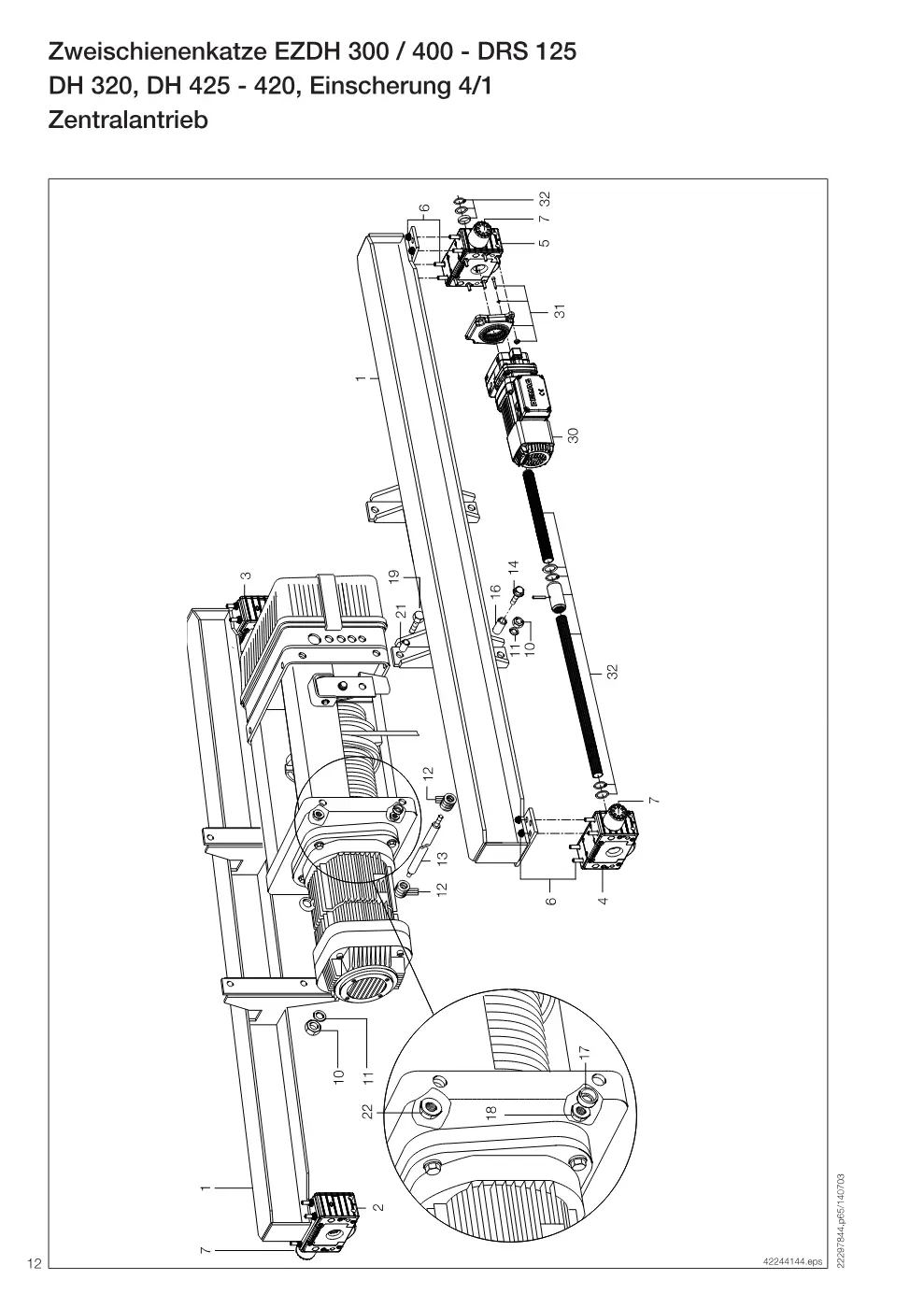 Demag Zweischienenkatze EZDH 300 / 400 – Zweischienenkatze EZDH 300 / 400 - DRS 125 DH 320, DH 425 - 420, Einscherung 4/1, Zeichnung Seite 12