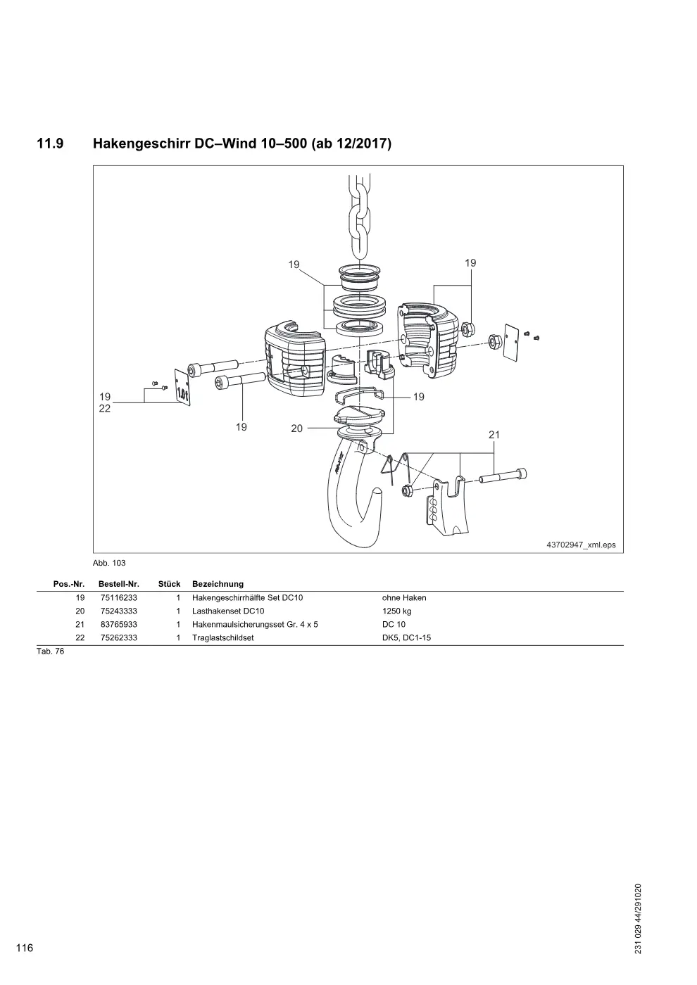 Demag DC-Wind 5 / 10 (Ausführung Enercon) – Hakengeschirr DC–Wind 10–500 (ab 12/2017), Zeichnung Seite 116