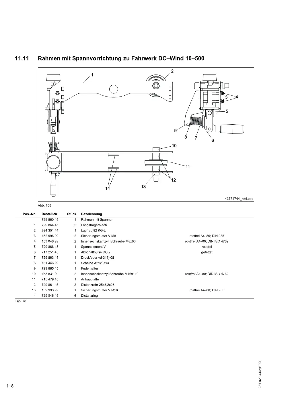 Demag DC-Wind 5 / 10 (Ausführung Enercon) – Rahmen mit Spannvorrichtung zu Fahrwerk DC–Wind 10–500, Zeichnung Seite 118